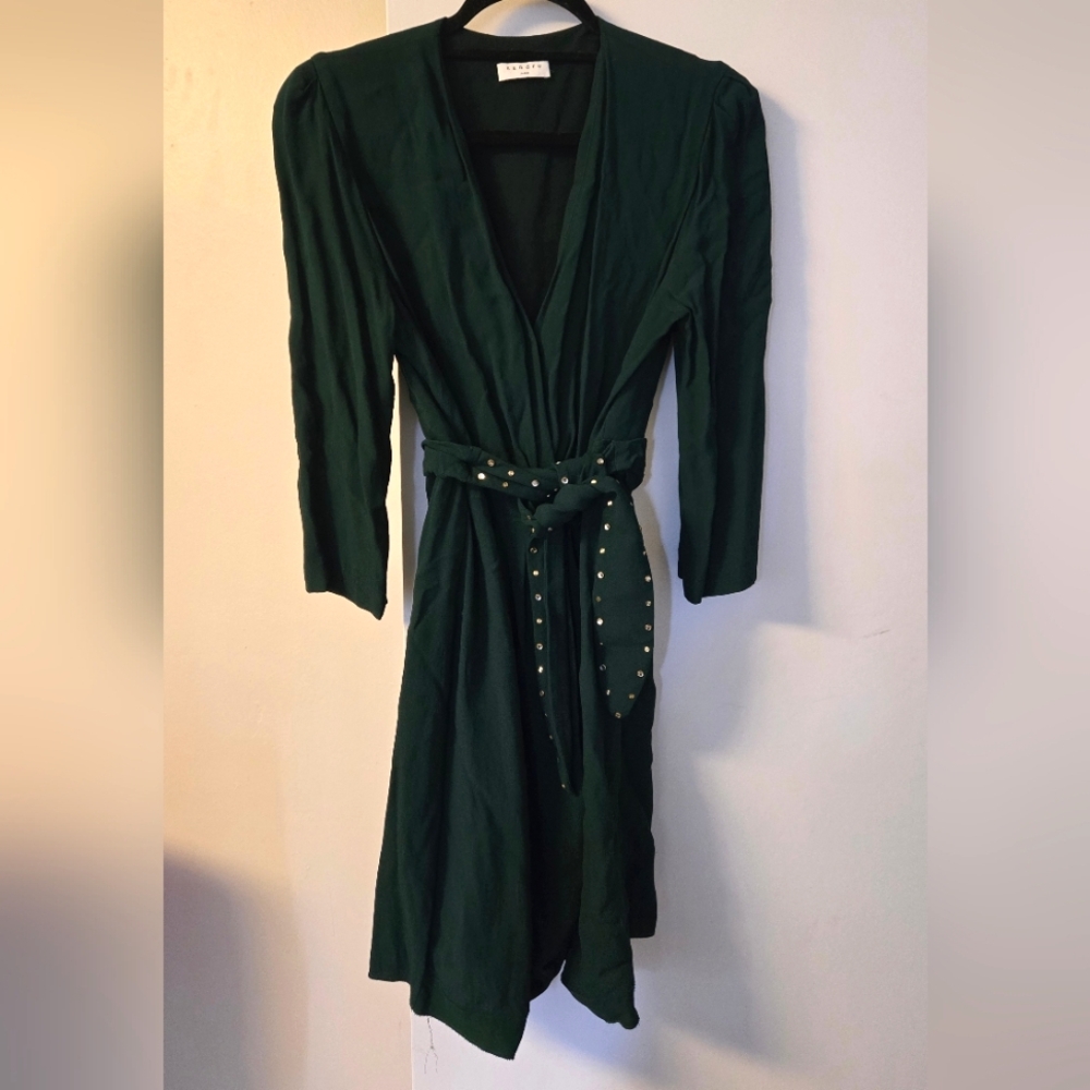 Sandro Emerald Green Wrap Dress w. Embellished Belt